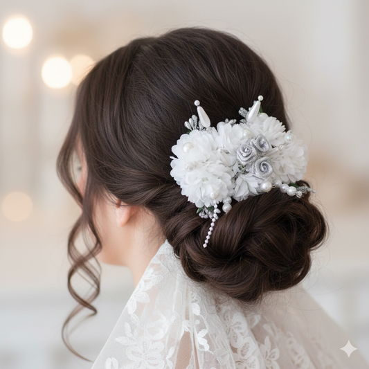 Elegant White Floral Bridal Hair Accessory Set with Pearls & Silver Accents - Wedding Hair Ornament Collection