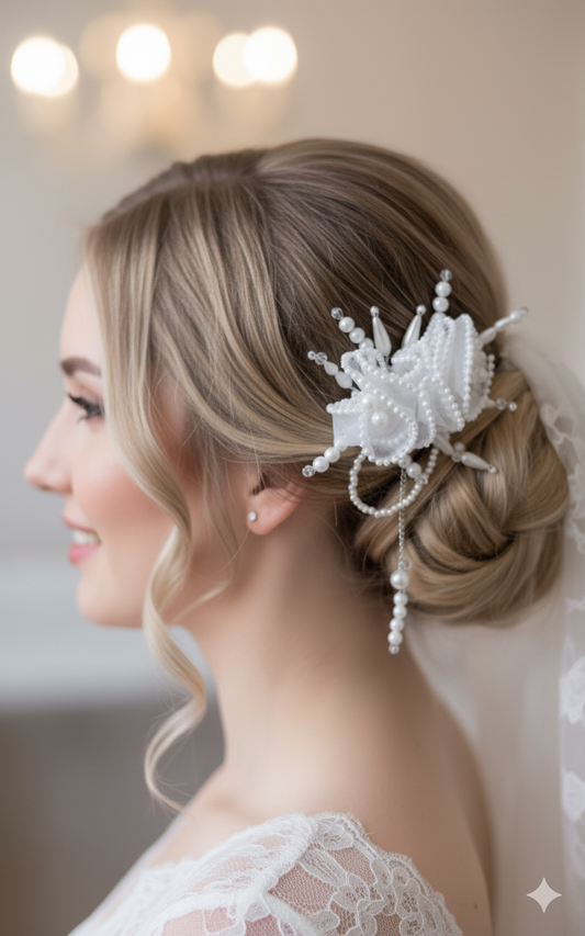 Majestic Pearl & Lace Bridal Hairpiece with Cascading Bead Tassel