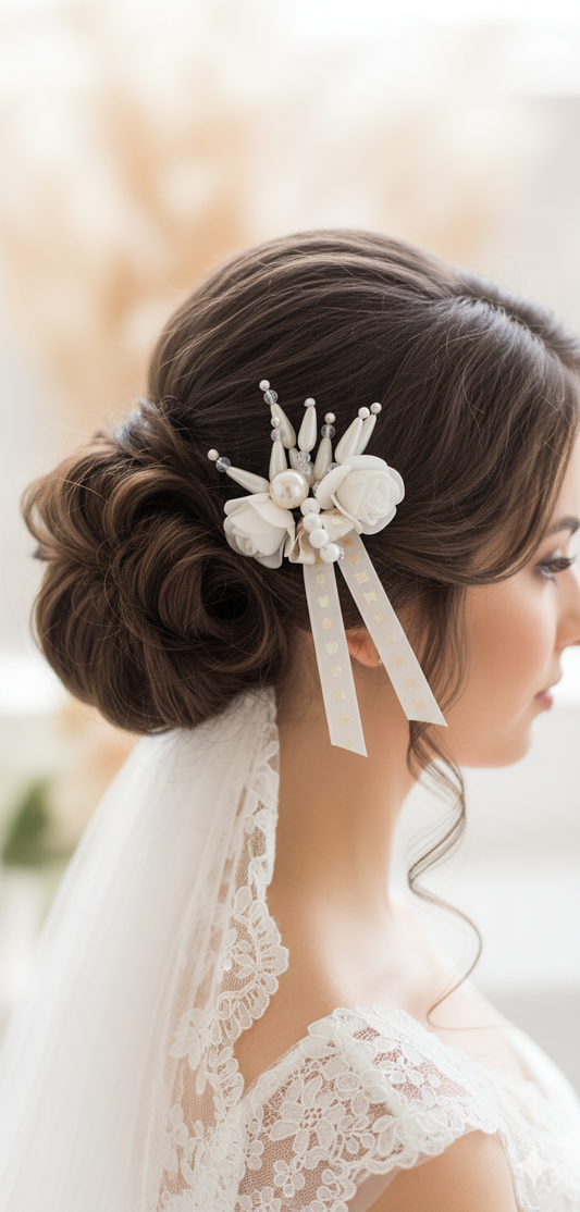Delicate Ribbon Rose & Pearl Bridal Hair band with Beaded Spray