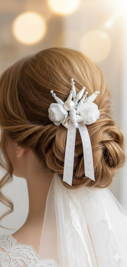 Delicate Ribbon Rose & Pearl Bridal Hair band with Beaded Spray