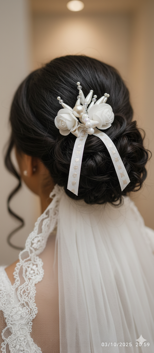 Delicate Ribbon Rose & Pearl Bridal Hair band with Beaded Spray