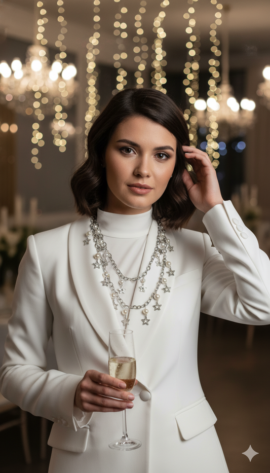 Double-Layer Silver Chain Necklace with Star-Flower Charms - Personally Handcrafted