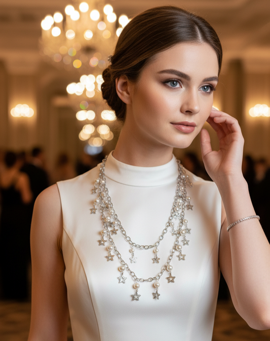 Double-Layer Silver Chain Necklace with Star-Flower Charms - Personally Handcrafted