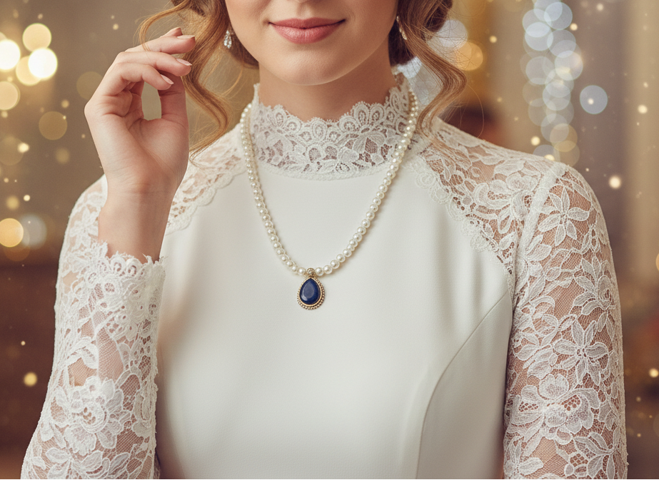 Woman wearing a white lace top with a necklace in a festive setting