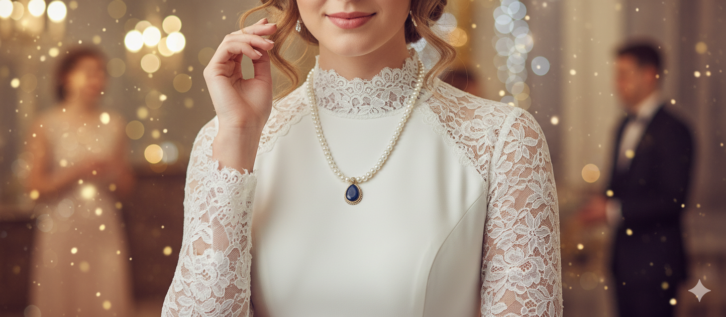 Elegant Pearl Necklace with Dark Blue Teardrop Pendant – Personally Handcrafted