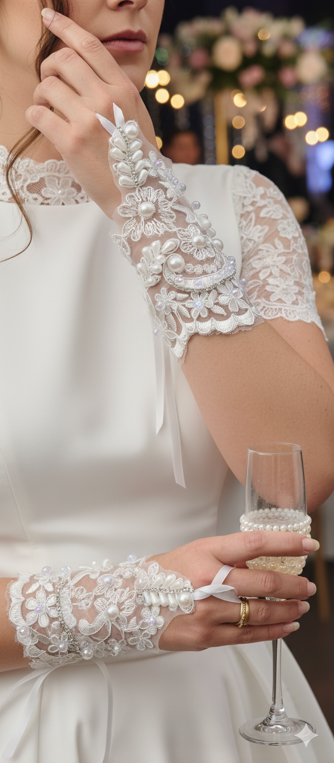 Elegant White Floral Pearl Wrist Glove- Personally Handcrafted