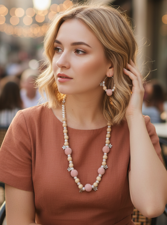 Handcrafted Pastel Pink & Beige Wood & Thread Beads Jewellery Set - Personally Handcrafted