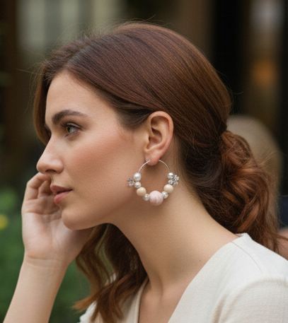 Handcrafted Pastel Pink & Beige Wood & Thread Beads Jewellery Set - Personally Handcrafted