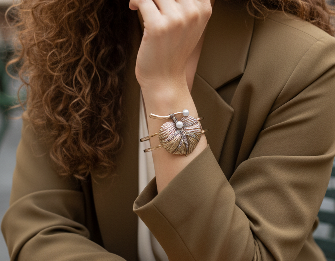 Vintage Gold Leaf with Pears Cuff Bracelet | Vintage Filigree Statement Cuff