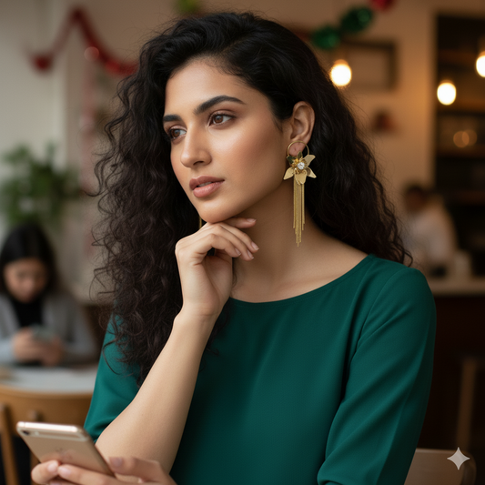 Golden Flower Fringe Hoop Earrings with Crystal Center