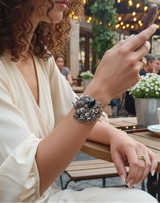 Vintage Black Stone Peacock Feather Oxidized Cuff Bracelet