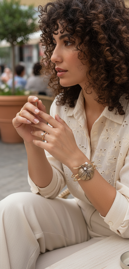 Vintage Gold Leaf with Pears Cuff Bracelet | Vintage Filigree Statement Cuff