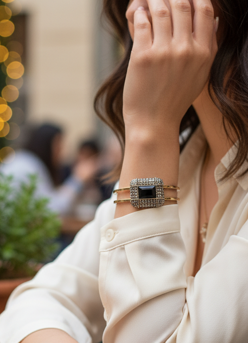 Black Onyx Marcasite Statement Cuff Bracelet | Vintage Art Deco Bangle