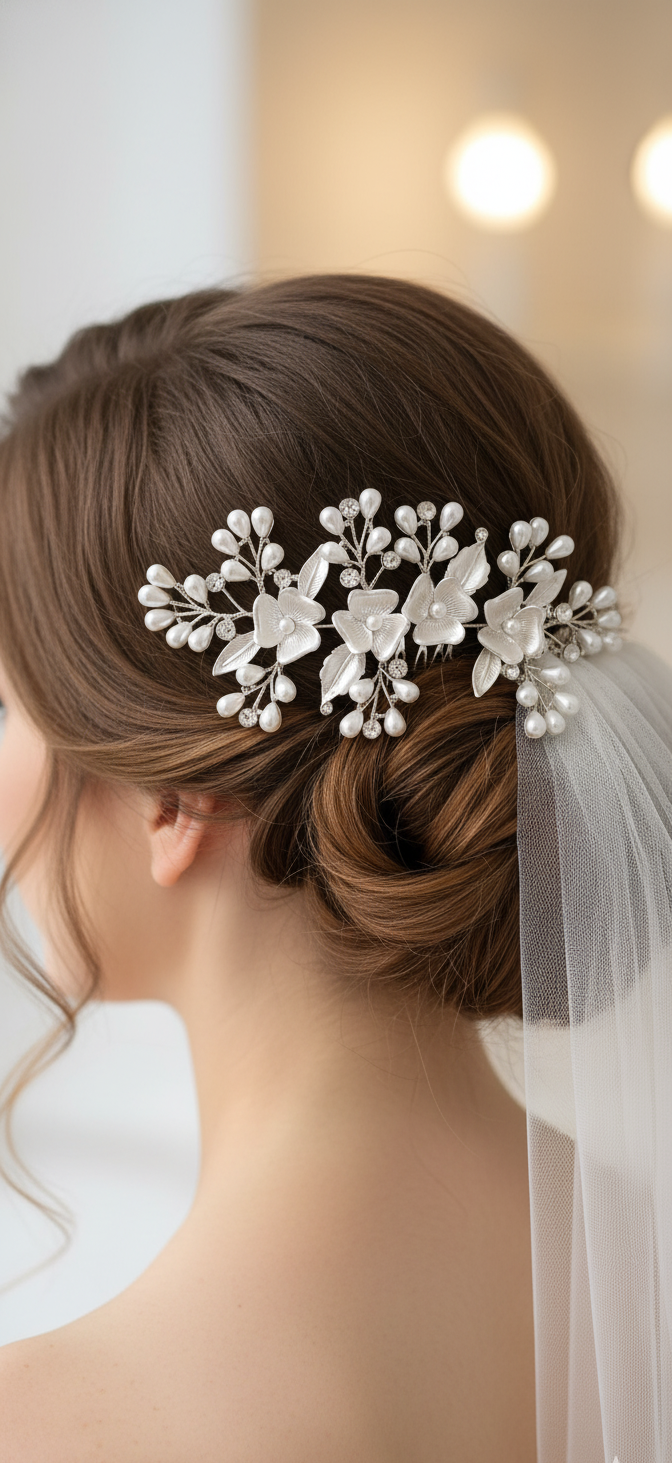 Woman with a floral hairpiece and veil, likely at a wedding or formal event.