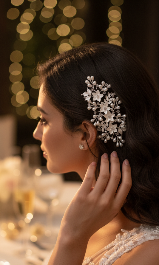 Woman adjusting a decorative hairpiece with blurred lights in the background