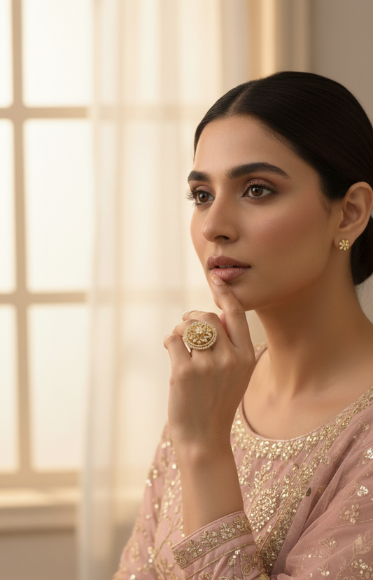 Woman in a traditional pink and gold embroidered outfit sitting indoors.