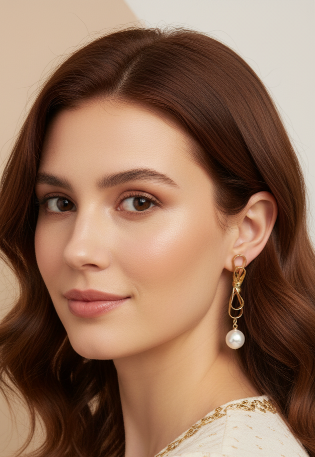 Woman wearing gold earrings with a pearl on a beige background
