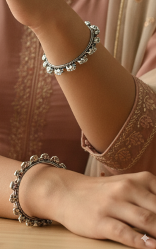 Oxidized Silver Elephant Motif Bangles – Traditional Indian Kada (Set of 2)