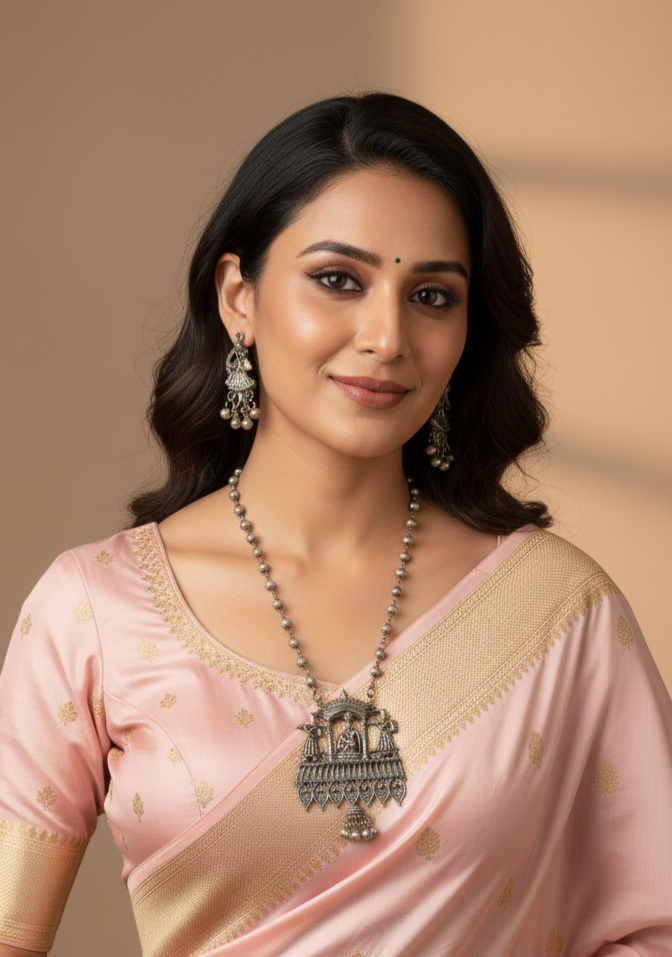 Woman wearing a pink saree with a beige blouse against a neutral background