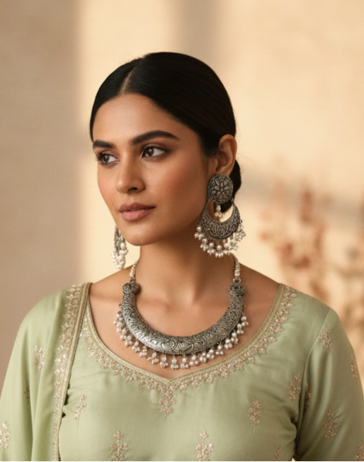 Woman wearing traditional jewelry with a blurred background