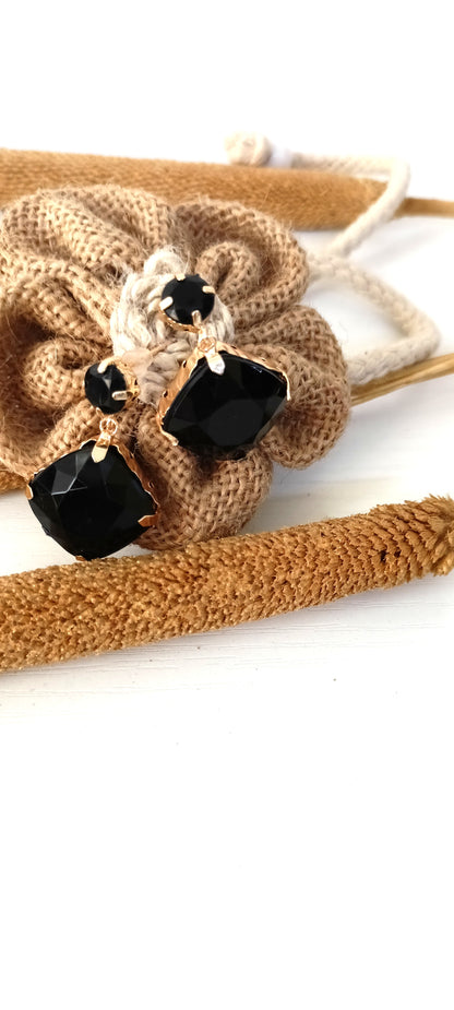 Chic Black Crystal Cushion-Cut Drop Earrings