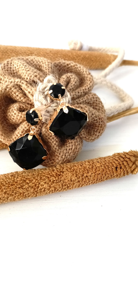 Chic Black Crystal Cushion-Cut Drop Earrings