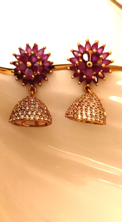 Elegant Pink Ruby Floral Dome Jhumka Earrings