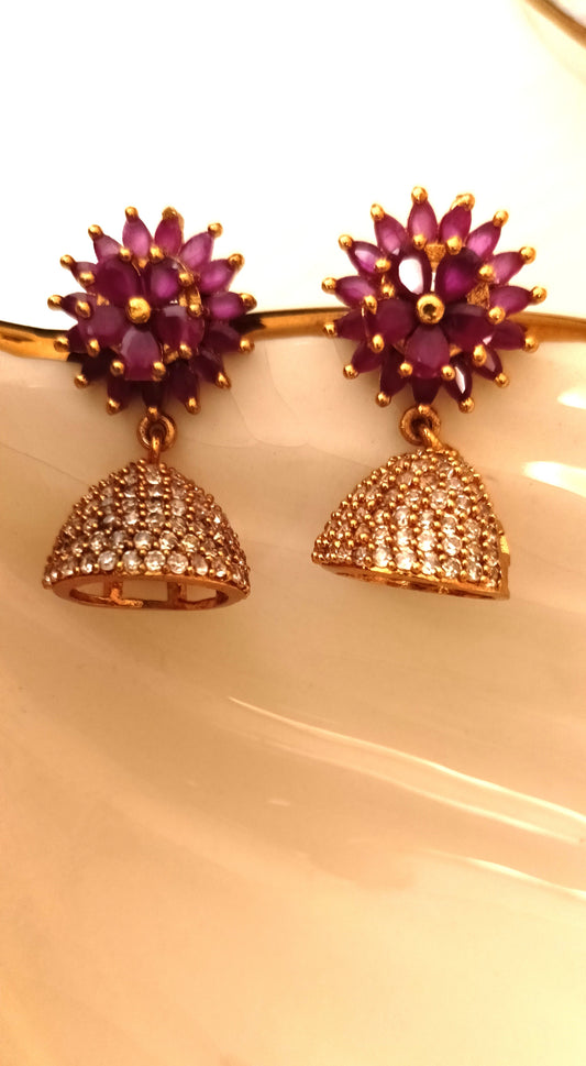 Elegant Pink Ruby Floral Dome Jhumka Earrings