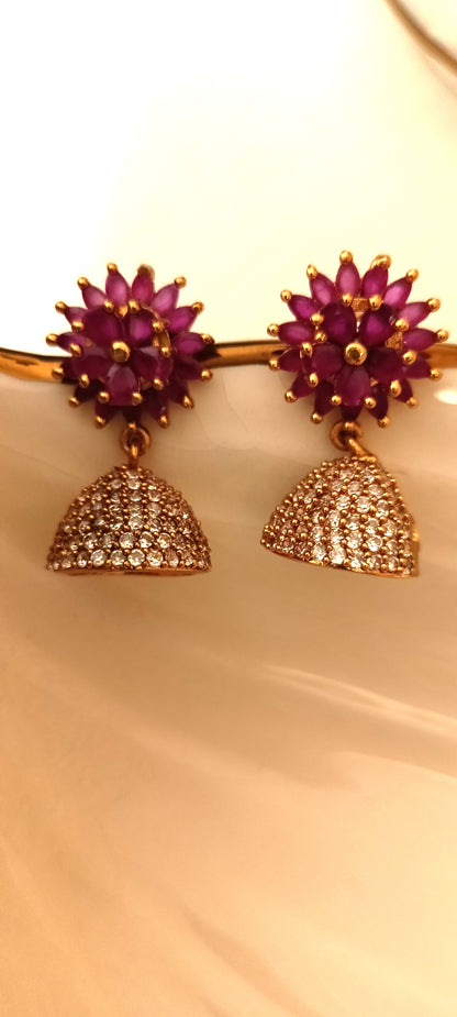 Elegant Pink Ruby Floral Dome Jhumka Earrings