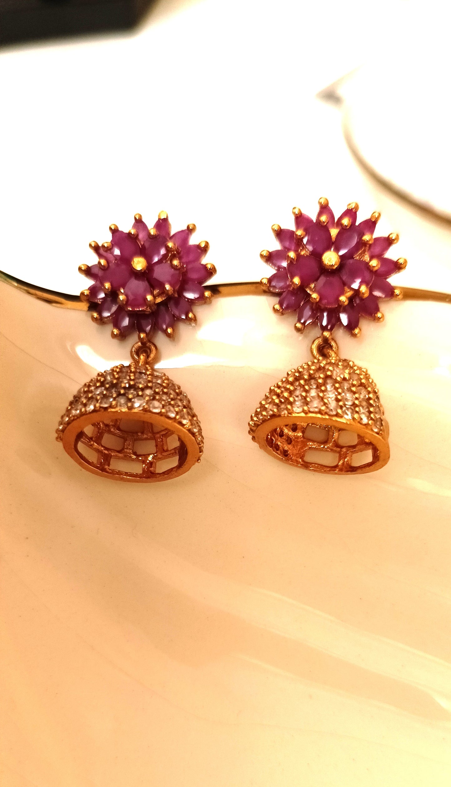 Elegant Pink Ruby Floral Dome Jhumka Earrings