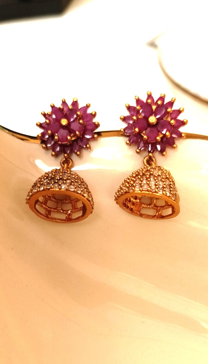 Elegant Pink Ruby Floral Dome Jhumka Earrings