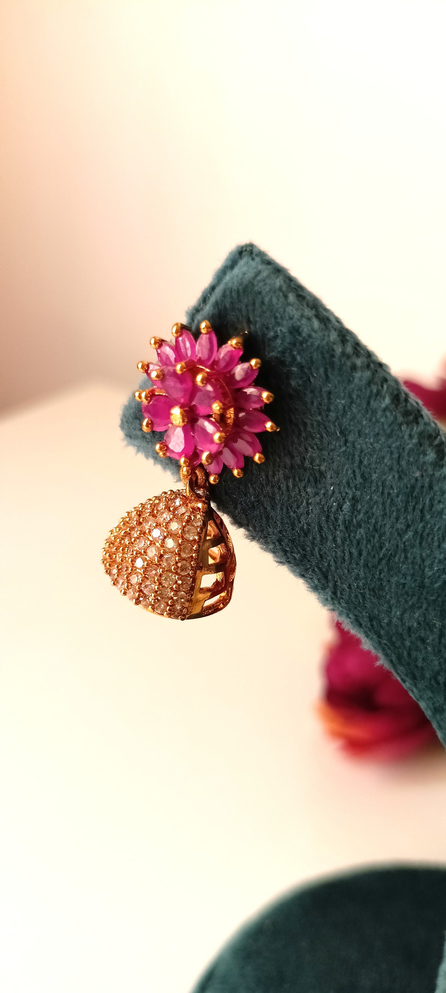 Elegant Pink Ruby Floral Dome Jhumka Earrings