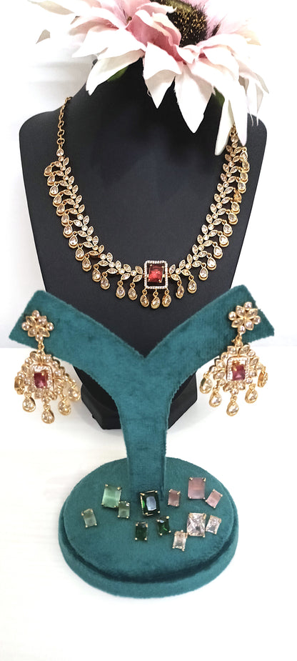 Interchangeable Stone Gold-Plated Necklace Set – Multi-Coloured Stones
