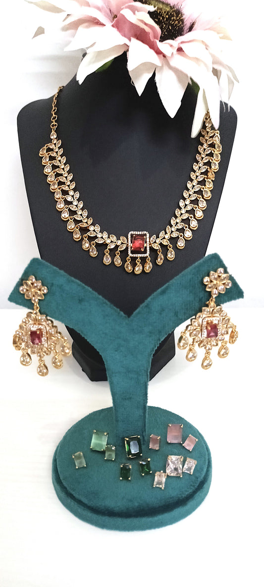 Interchangeable Stone Gold-Plated Necklace Set – Multi-Coloured Stones