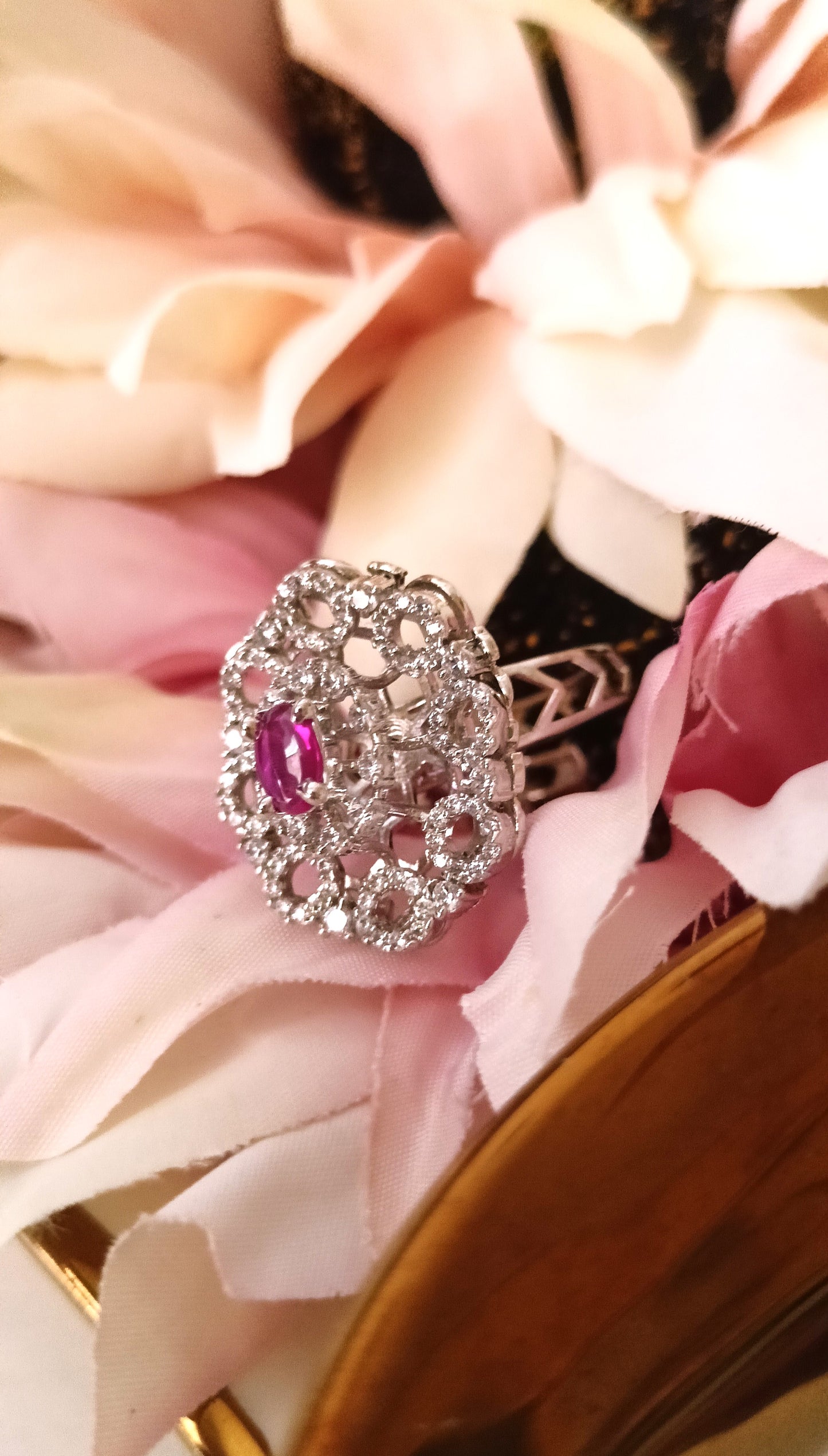 Elegant Silver-Tone Floral CZ Statement Ring