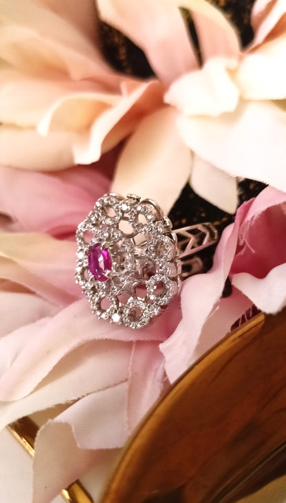 Elegant Silver-Tone Floral CZ Statement Ring