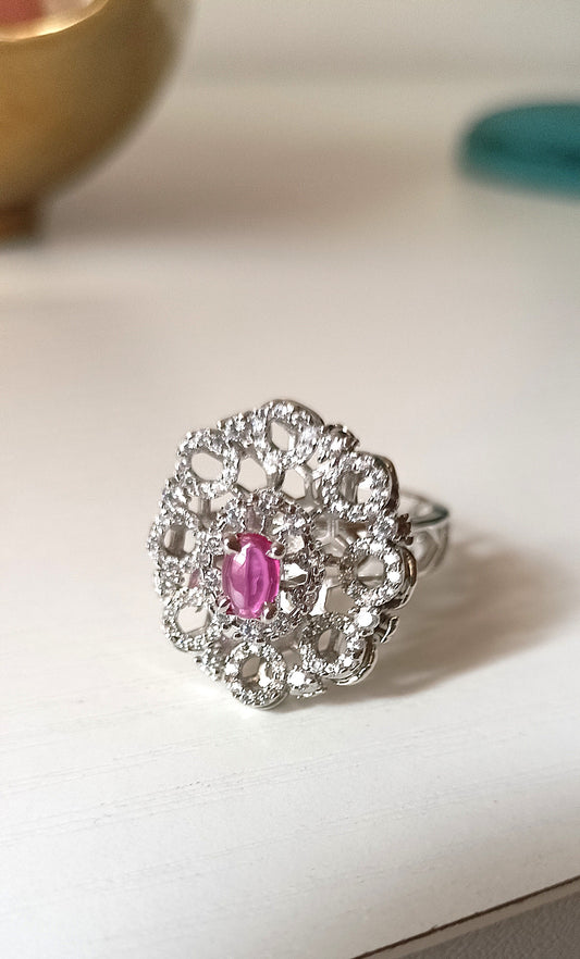 Elegant Silver-Tone Floral CZ Statement Ring