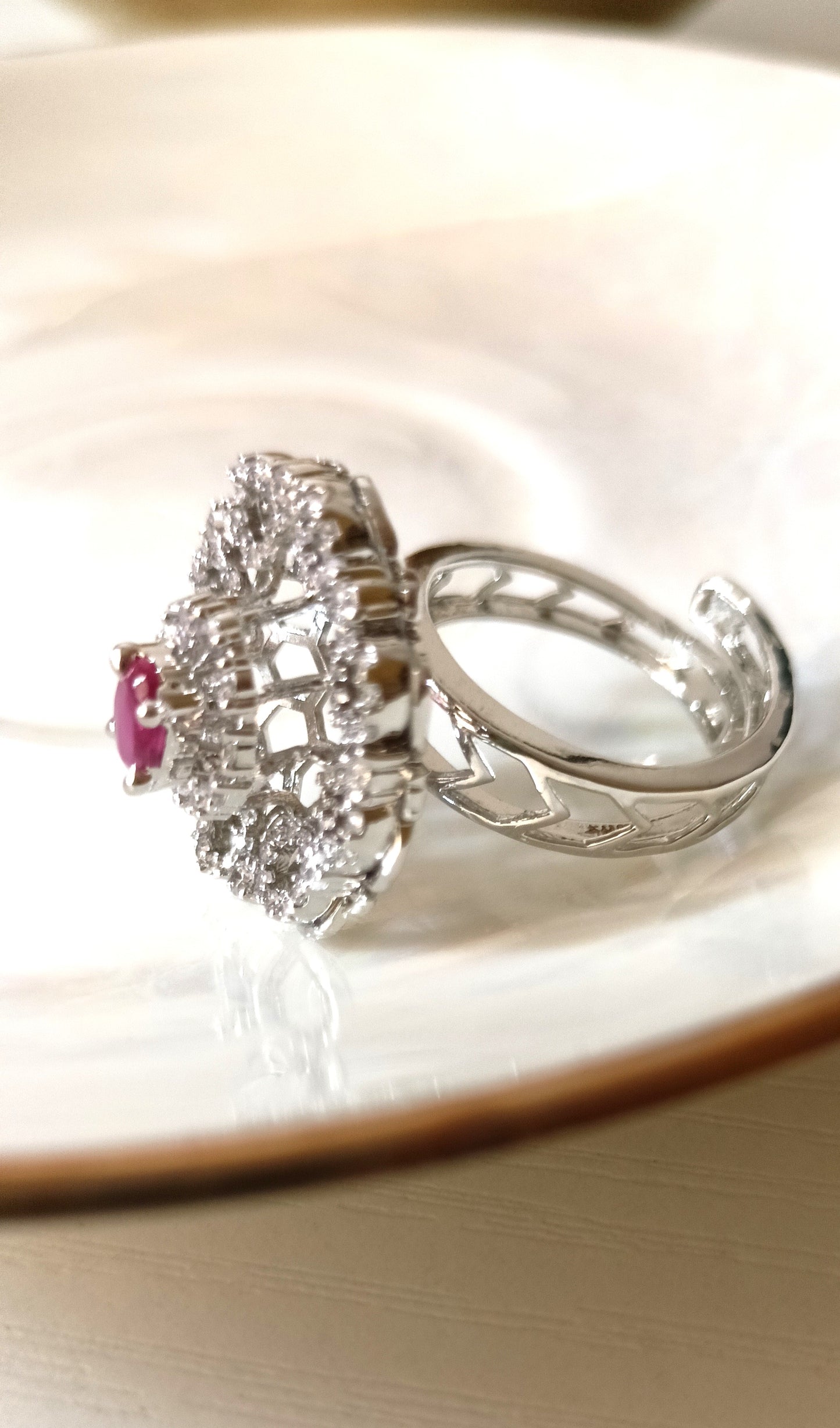 Elegant Silver-Tone Floral CZ Statement Ring