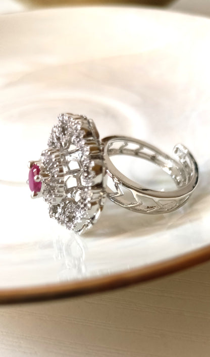 Elegant Silver-Tone Floral CZ Statement Ring