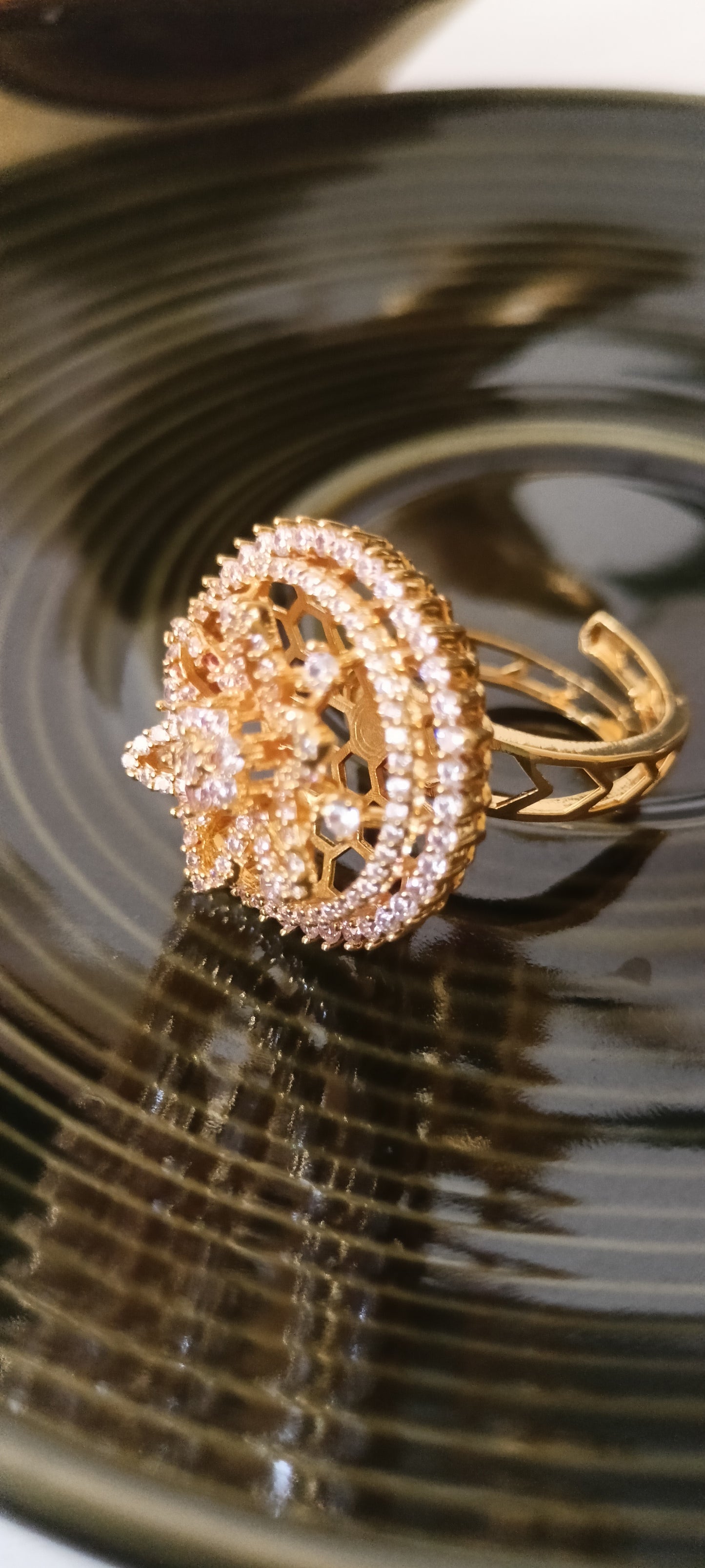 Luxurious Gold-Plated Statement Ring with Crystal Mesh Design