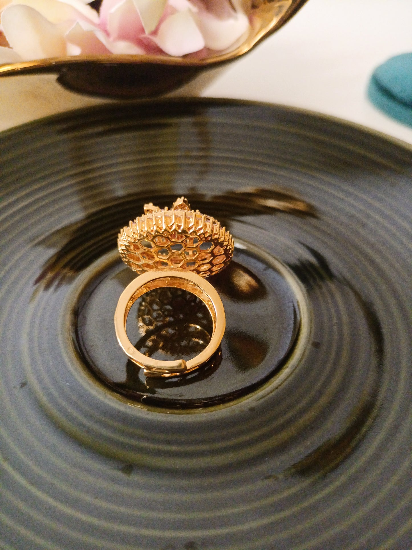 Luxurious Gold-Plated Statement Ring with Crystal Mesh Design