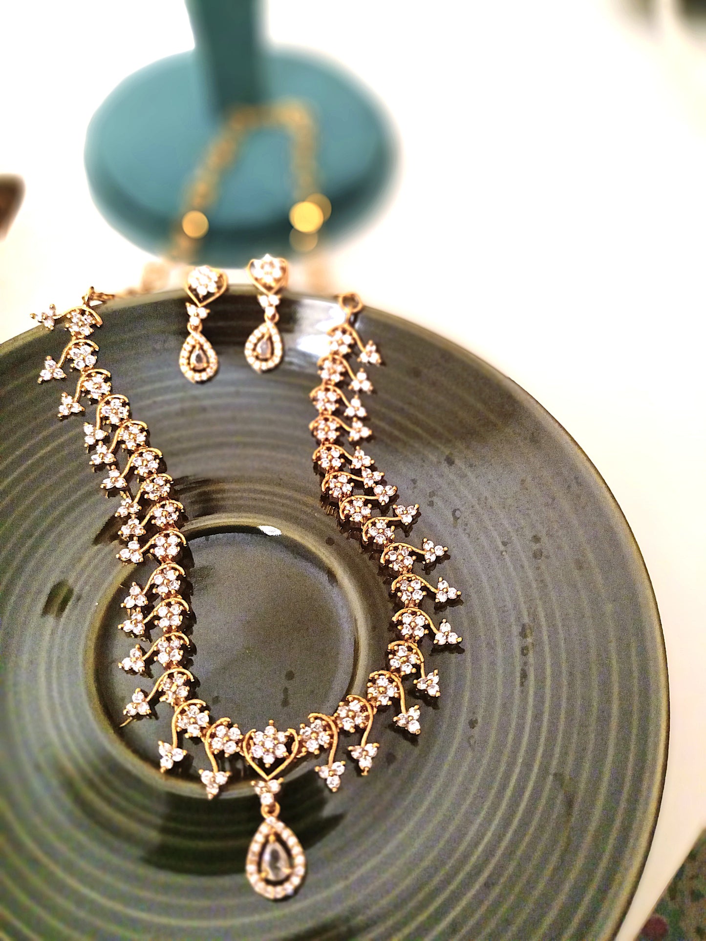 Delicate Floral Vine Necklace Set with CZ Stones
