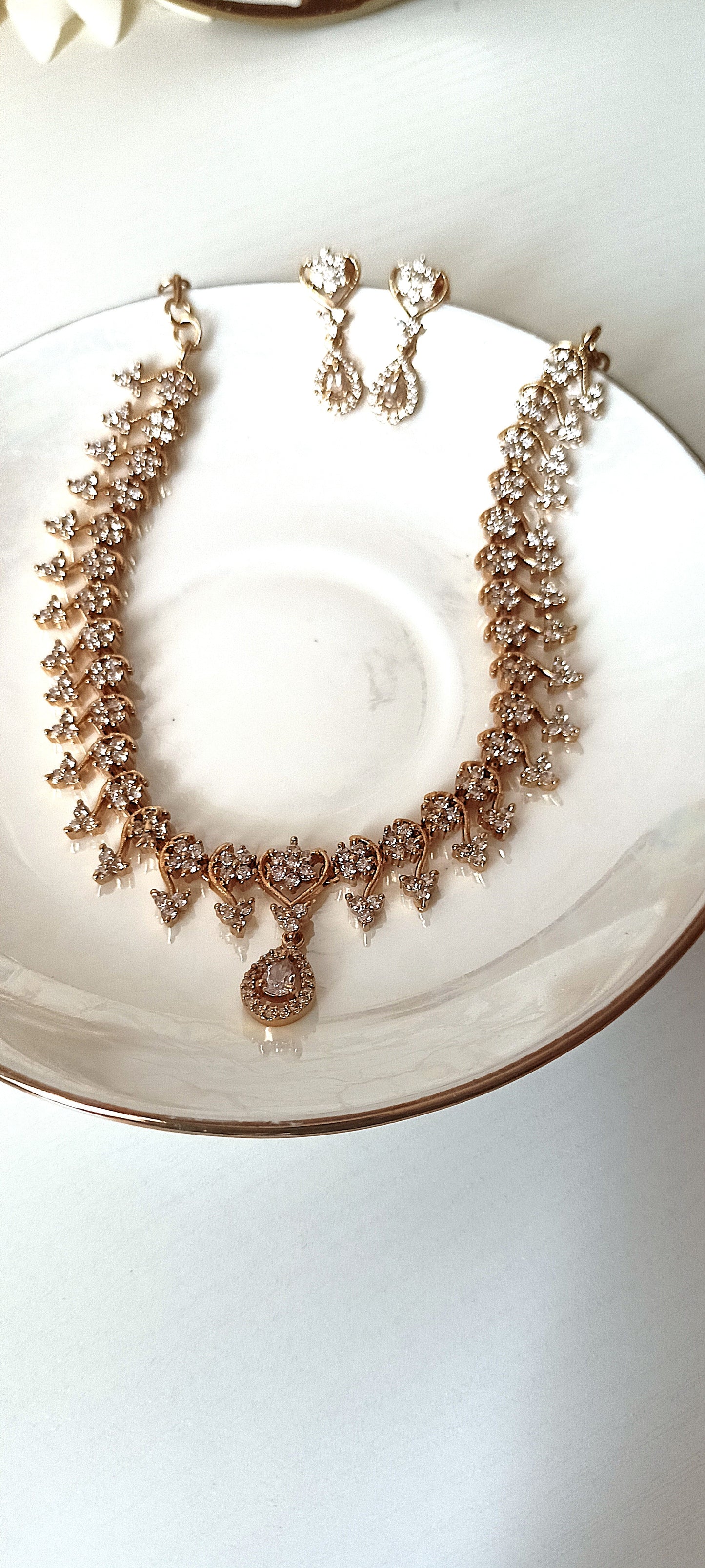 Delicate Floral Vine Necklace Set with CZ Stones