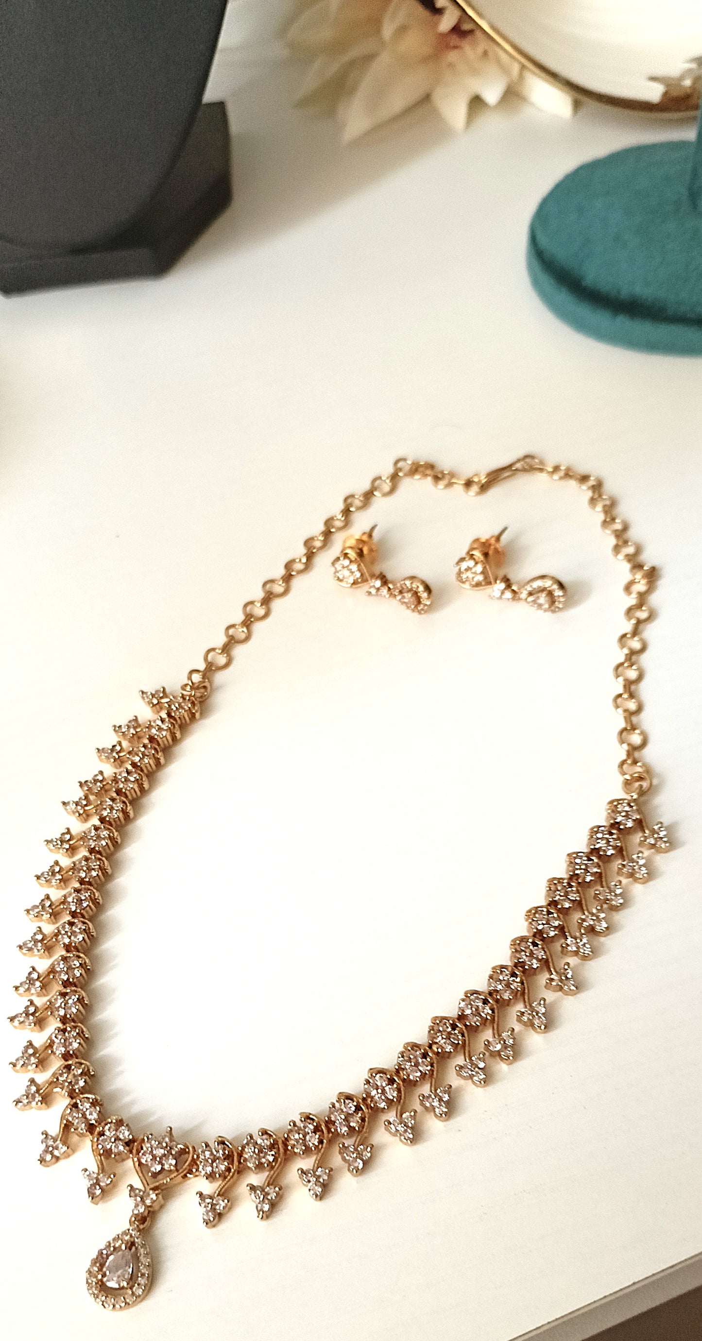 Delicate Floral Vine Necklace Set with CZ Stones