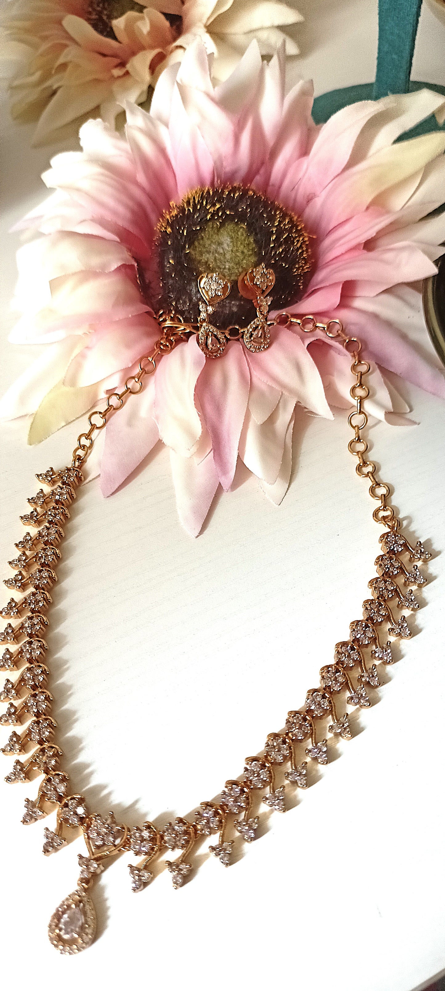 Delicate Floral Vine Necklace Set with CZ Stones
