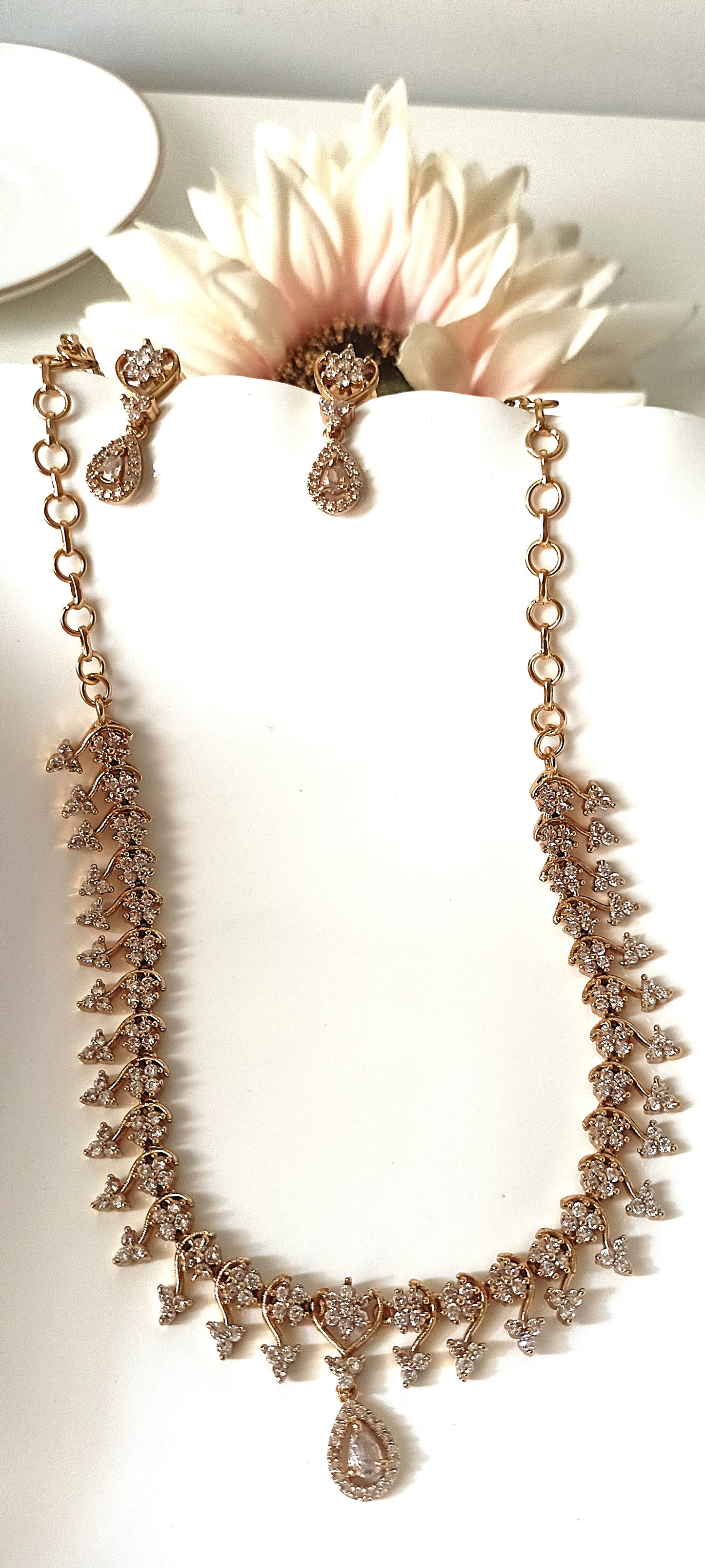 Delicate Floral Vine Necklace Set with CZ Stones