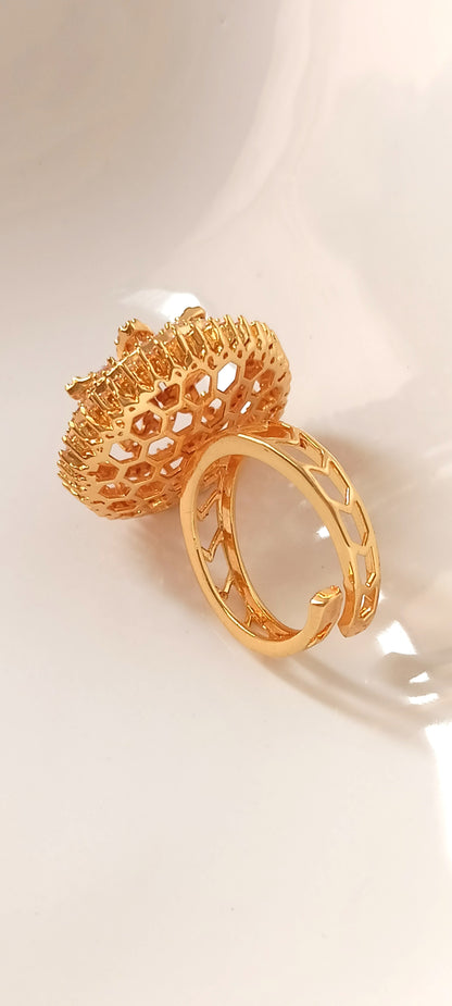Luxurious Gold-Plated Statement Ring with Crystal Mesh Design
