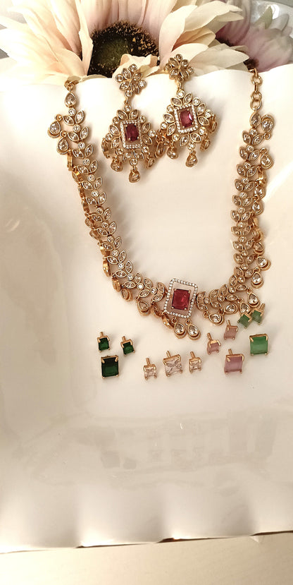 Interchangeable Stone Gold-Plated Necklace Set – Multi-Coloured Stones