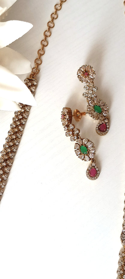 Classic Royal Necklace Set with Green & Pink Stones