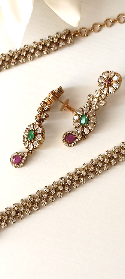 Classic Royal Necklace Set with Green & Pink Stones